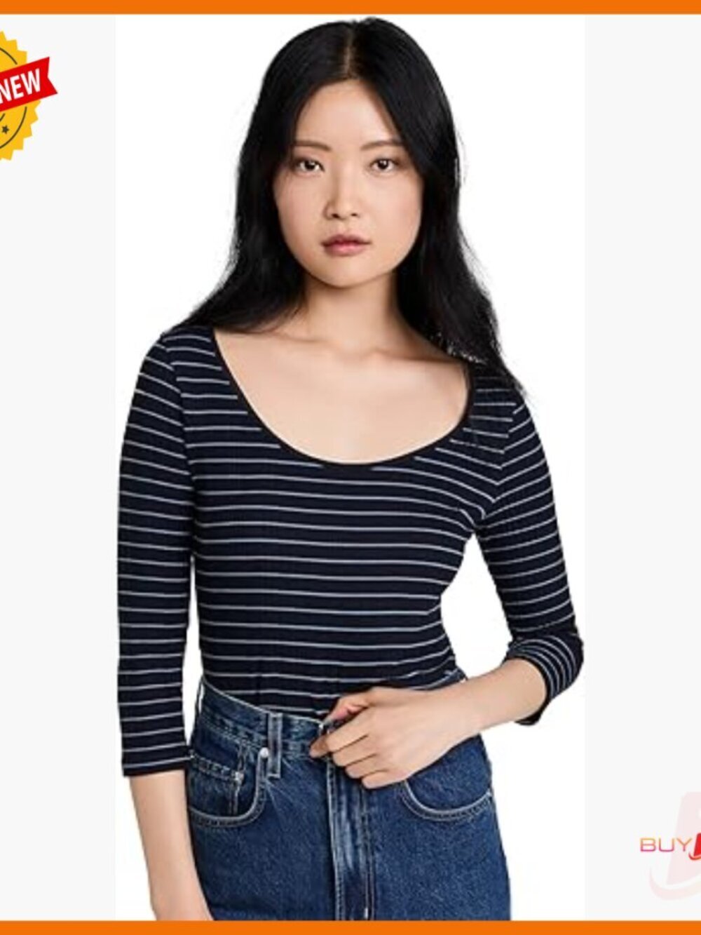 Striped Rib Knit Scoop Neck Top with 3/4 Sleeves
